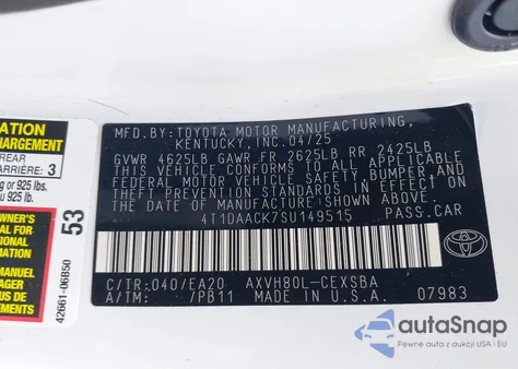 2025 Toyota Camry Se from USA, damaged, VIN 4T1DAACK7SU149515